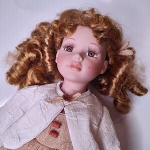 Vintage Porcelain Doll Strawberry Blond Curly Hair Brown Eyes